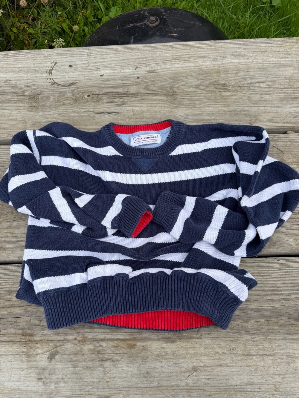 John Ashford Navy, White & Red Trim Striped Crewneck Cotton Collection Sweater